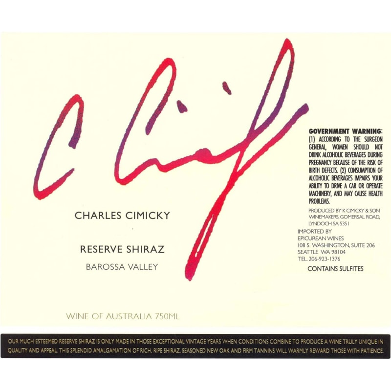 Cimicky Reserve Shiraz 2002 Front Label