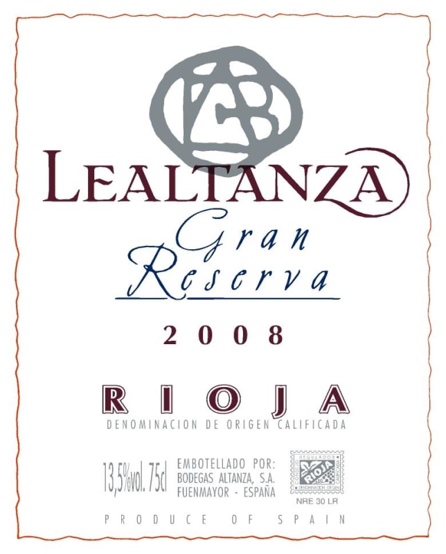 Bodegas Altanza Lealtanza Rioja Gran Reserva 2008 Front Label