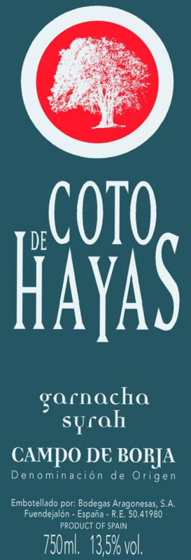 Bodegas Aragonesas Coto de Hayas Joven Garnacha Syrah 2013 Front Label
