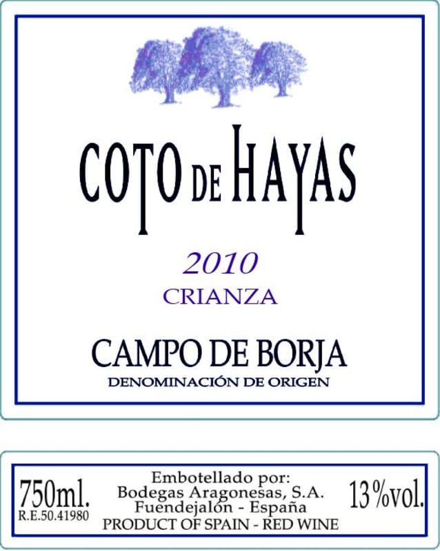 Bodegas Aragonesas Coto de Hayas Crianza 2010 Front Label