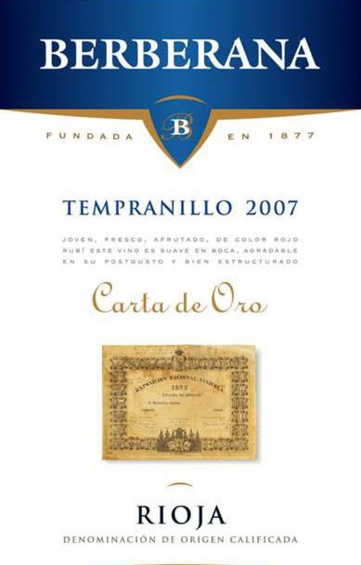 Berberana Carta de Oro Tempranillo 2007 Front Label