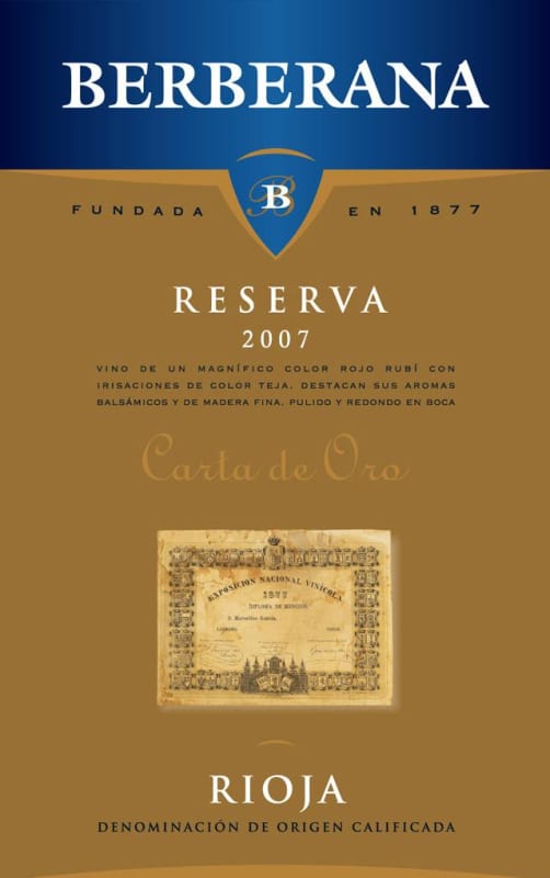 Berberana Carta de Oro Rioja Reserva 2007 Front Label