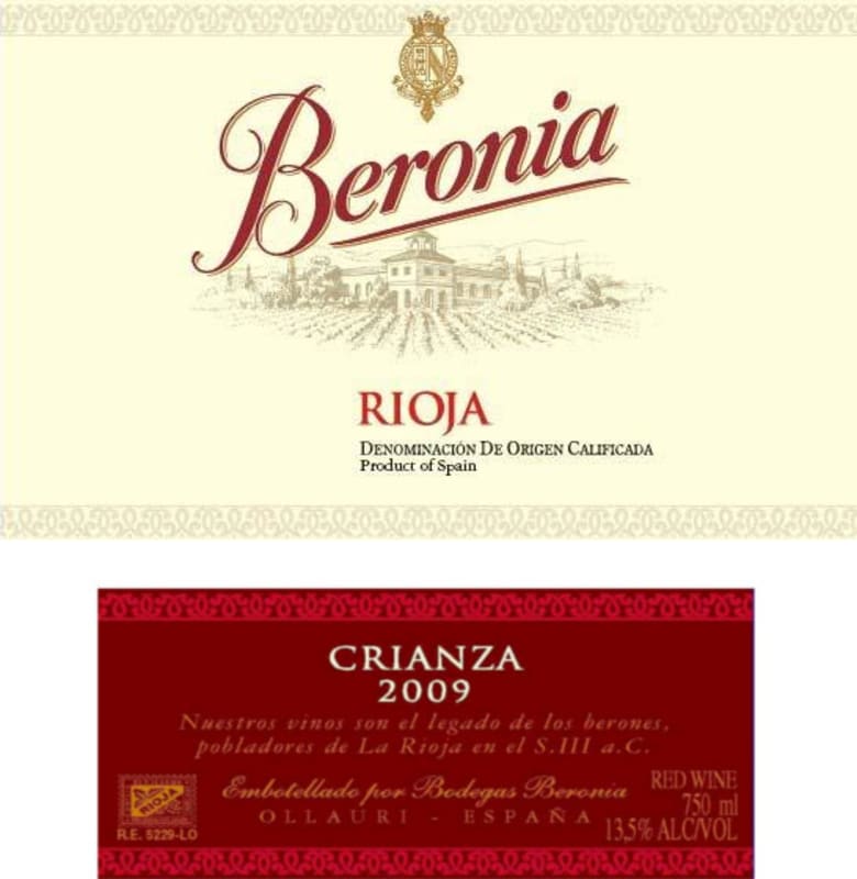Bodegas Beronia Beronia Crianza 2009 Front Label