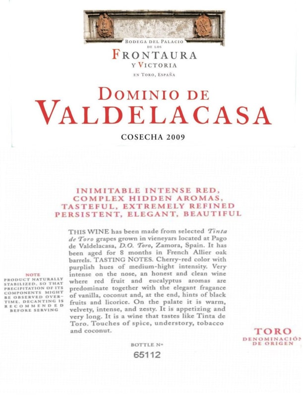 Frontaura Dominio de Valdelacasa Cosecha 2009 Front Label