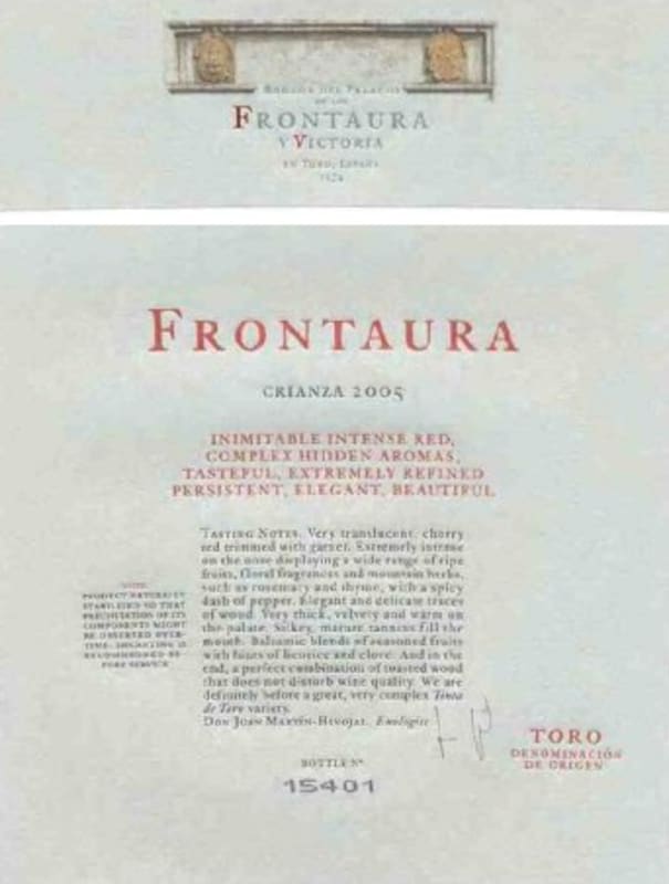Frontaura Crianza 2006 Front Label