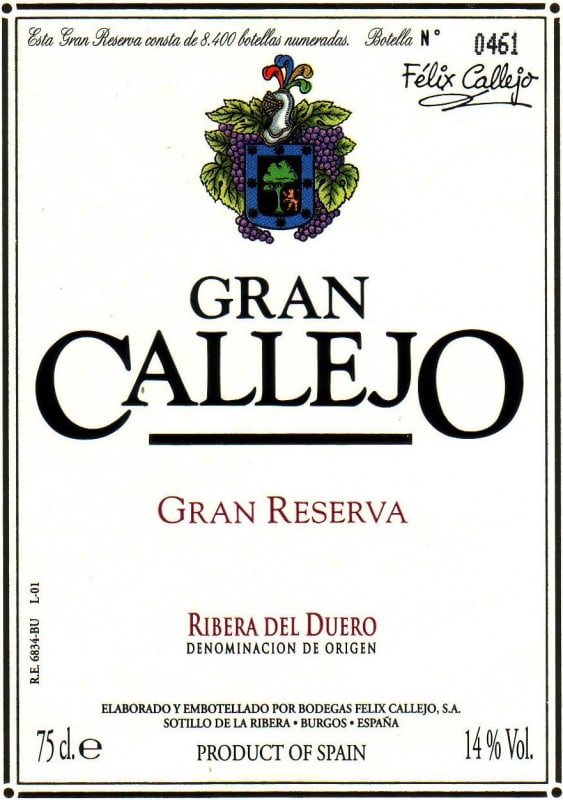 Felix Callejo Gran Callejo Gran Reserva 2001 Front Label