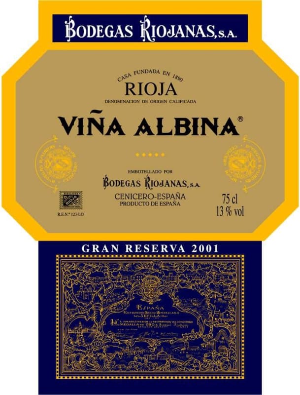 Bodegas Riojanas Vina Albina Gran Reserva 2001 Front Label