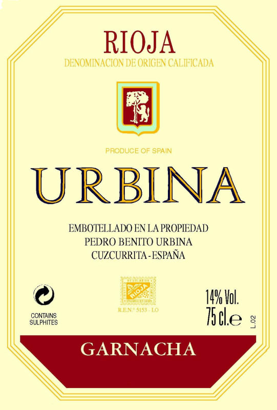 Bodegas Urbina Garnacha 2014 Front Label