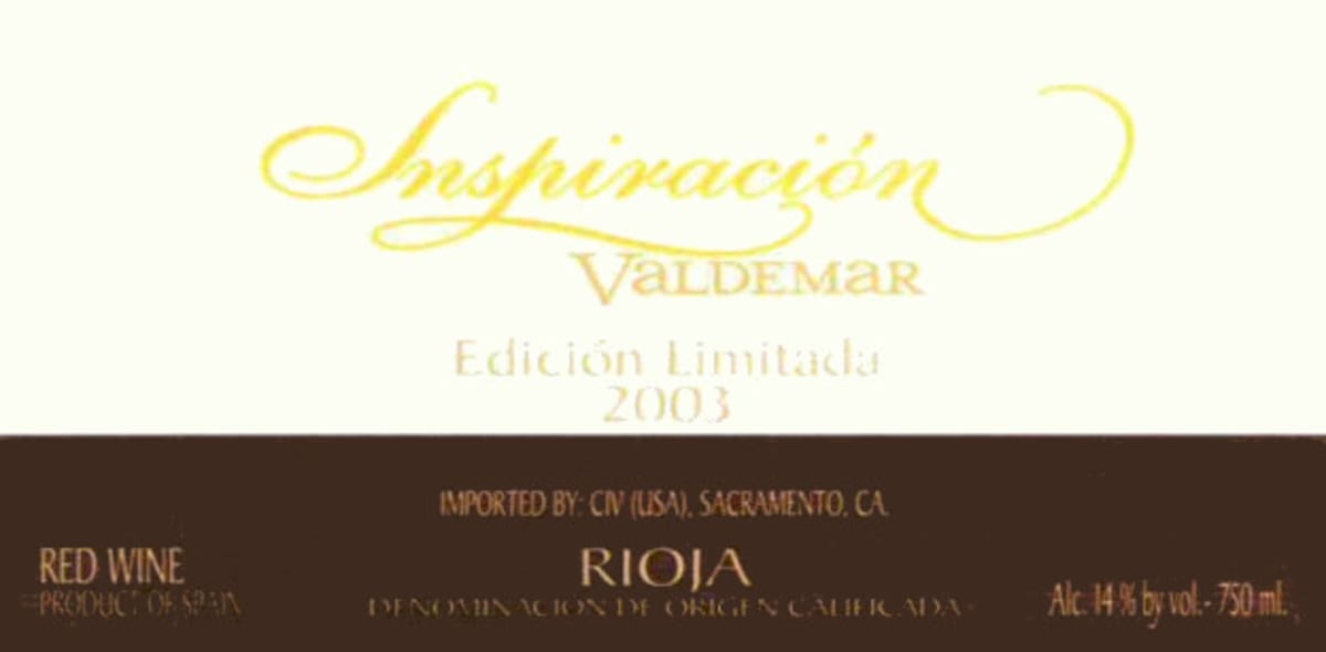 Bodegas Valdemar Inspiracion Valdemar Edicion Limitada 2003 Front Label