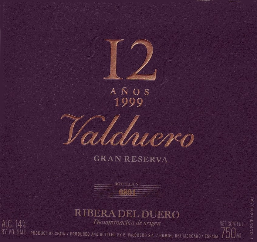 Valduero 12 Anos Valuduero Gran Reserva 1999 Front Label