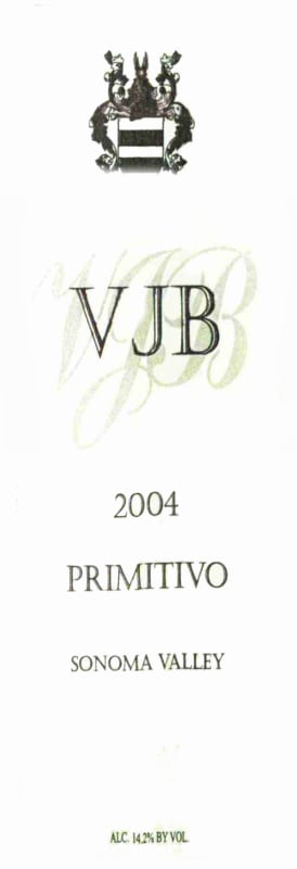 VJB Vineyard & Cellars Sonoma Valley Primitivo 2004 Front Label