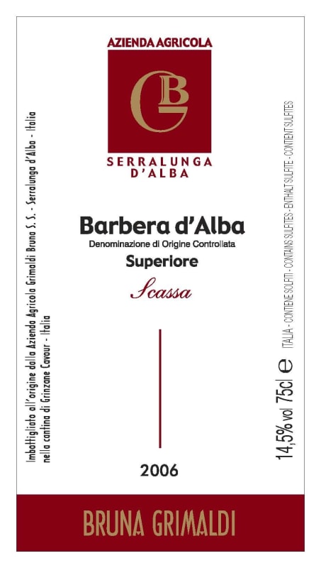 Bruna Grimaldi Scassa Barbera d'Alba 2006 Front Label