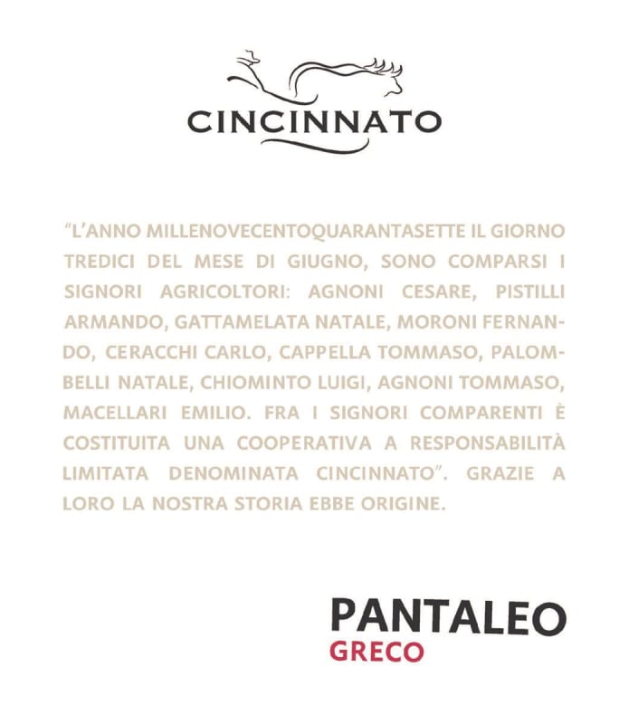 Cantina Cincinnato Lazio Pantaleo Greco 2015 Front Label