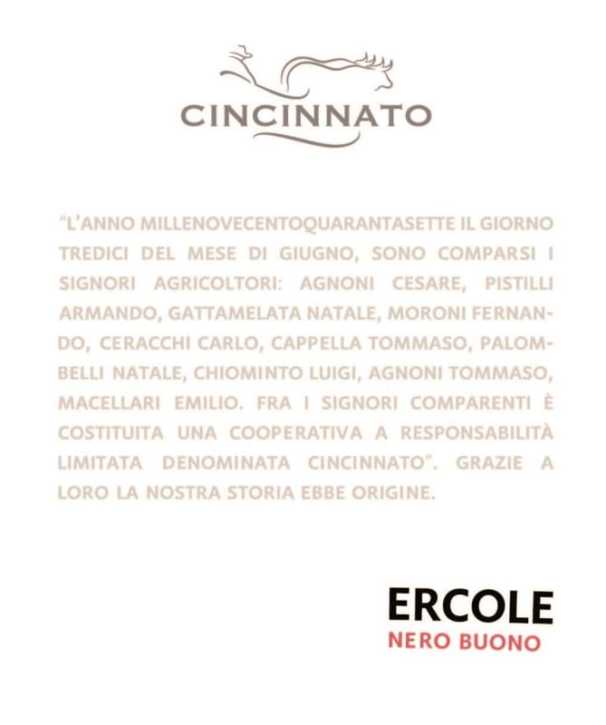 Cantina Cincinnato Lazio Ercole Nero Buono 2012 Front Label