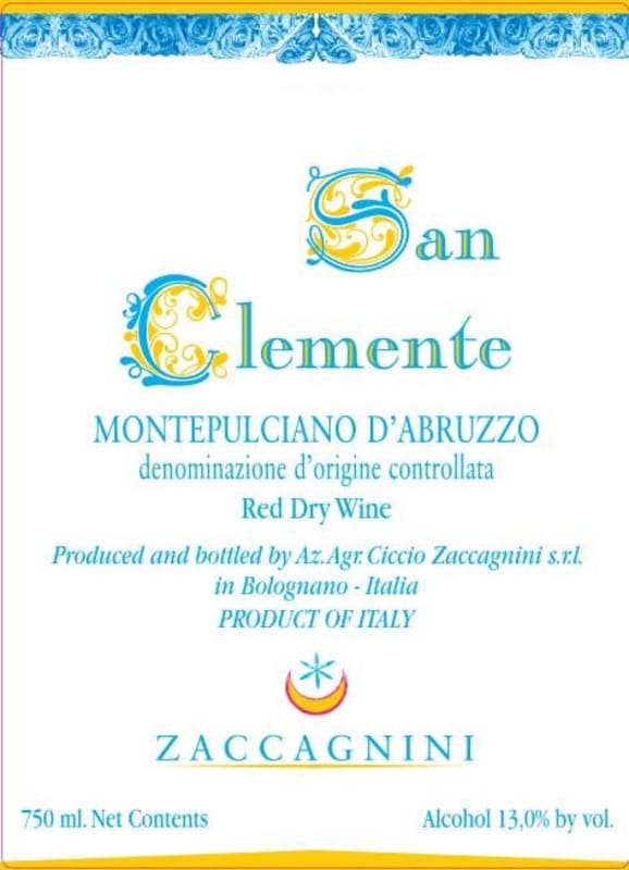 Zaccagnini San Clemente Montepulciano d'Abruzzo 2011 Front Label