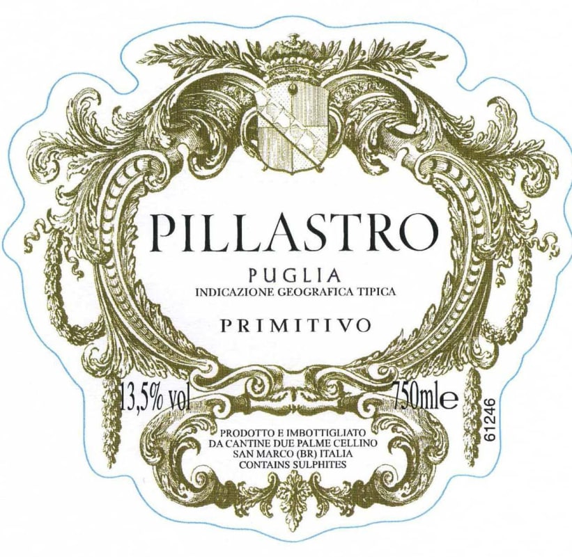 Cantine Due Palme Pillastro Primitivo 2012 Front Label