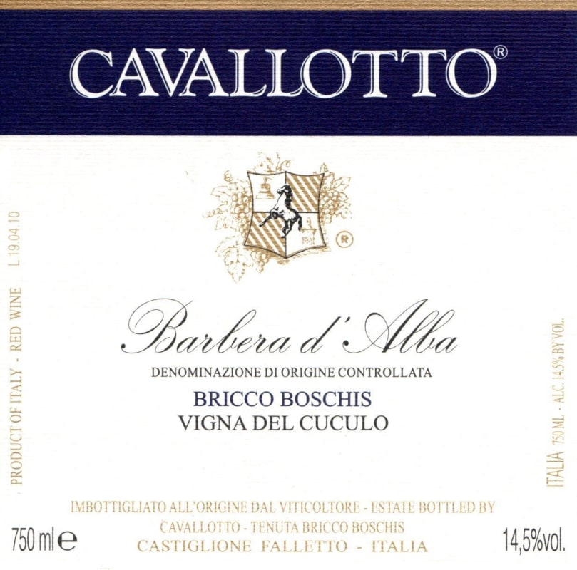 Cavallotto Barbera d'Alba Vigna del Cuculo 2012 Front Label