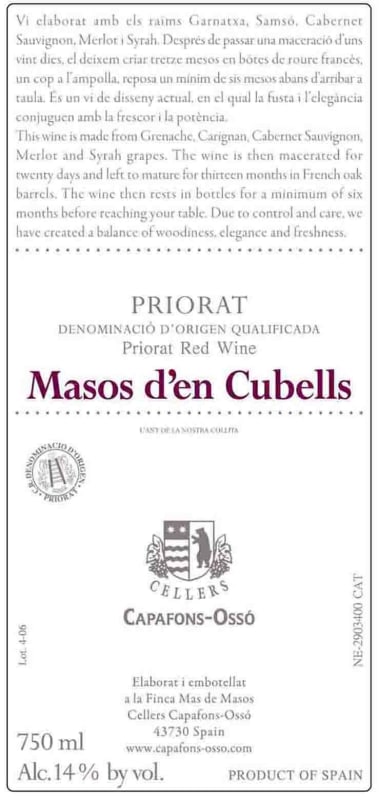 Capafons-Osso Masos d'en Cubells 2005 Front Label
