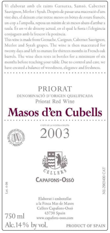 Capafons-Osso Masos d'en Cubells 2003 Front Label