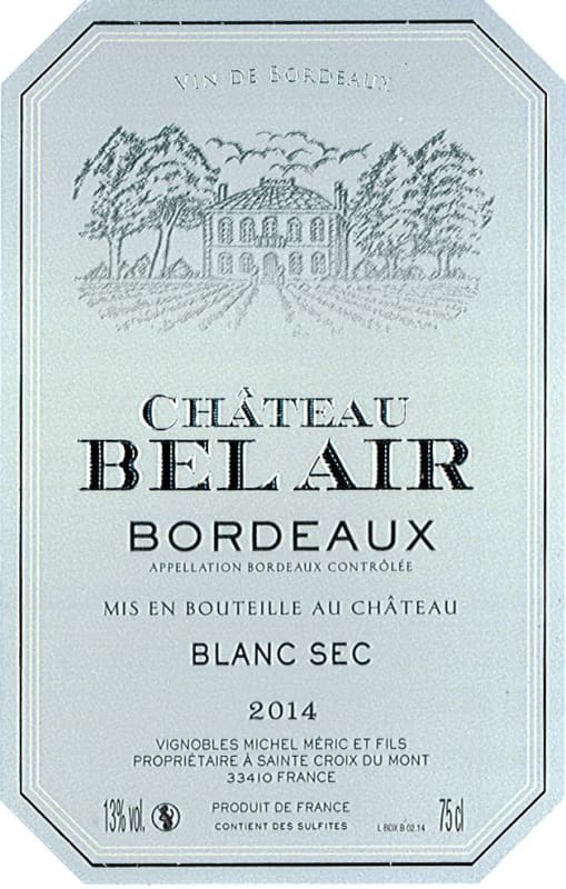 Chateau Bel Air Blanc Sec 2014 Front Label