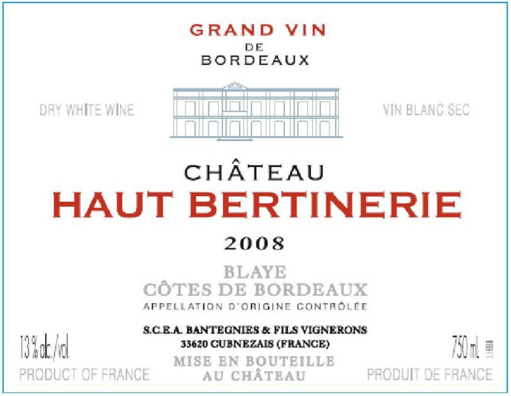 Chateau Bertinerie Blanc 2008 Front Label