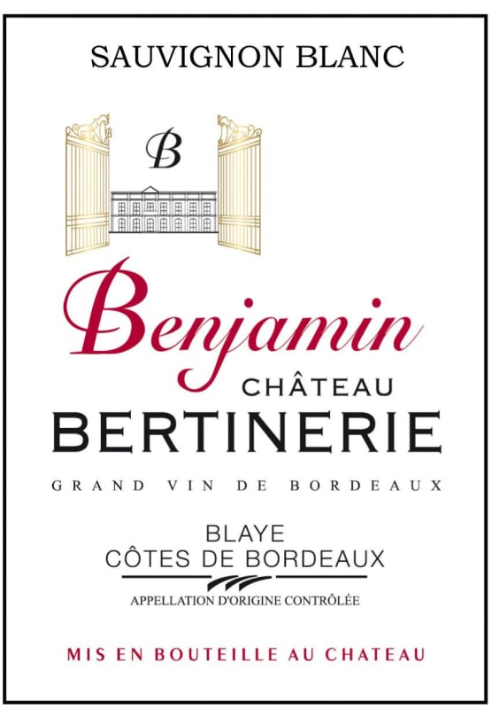 Chateau Bertinerie Benjamin Sauvingon Blanc 2013 Front Label