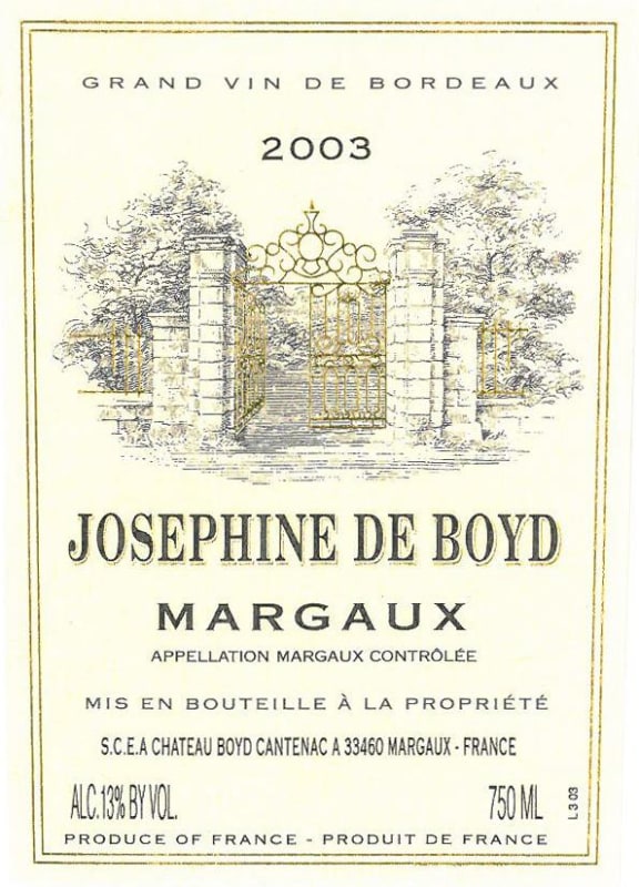 Chateau Boyd-Cantenac Josephine de Boyd 2003 Front Label