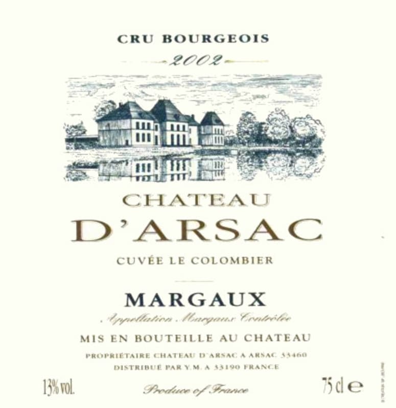 Chateau d'Arsac Cuvee Le Colombier 2002 Front Label
