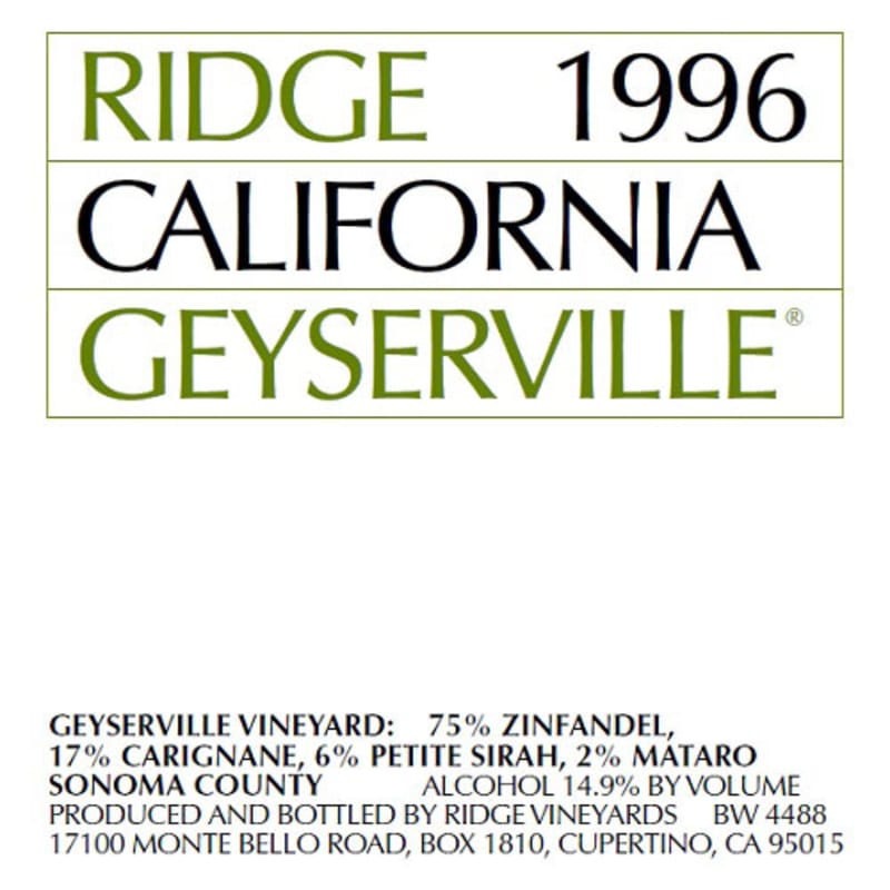 Ridge Geyserville 1996 Front Label