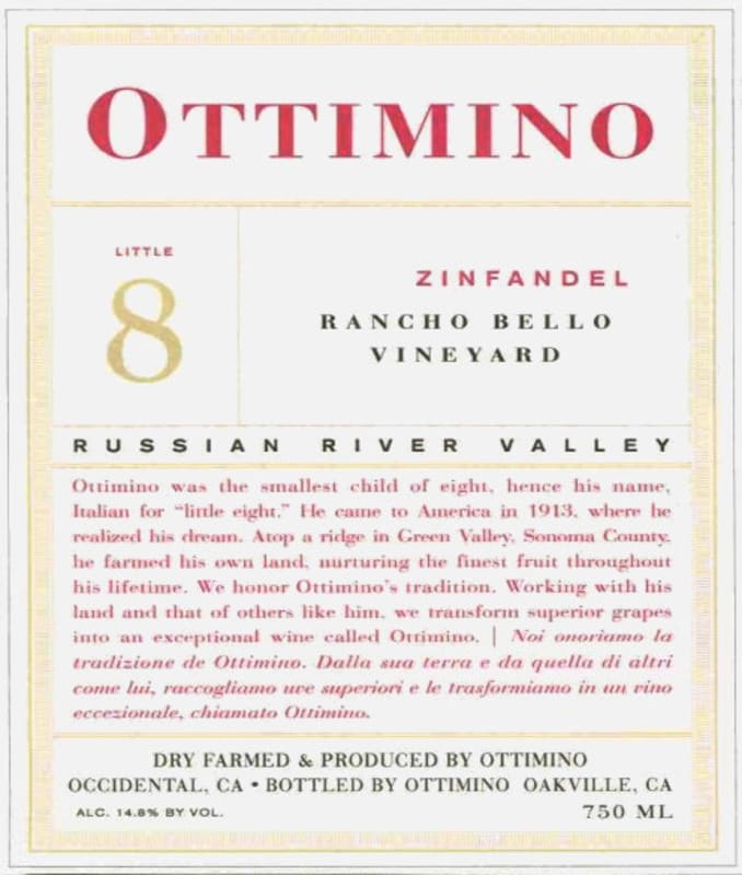 Ottimino Ranch Bello Zinfandel 2003 Front Label