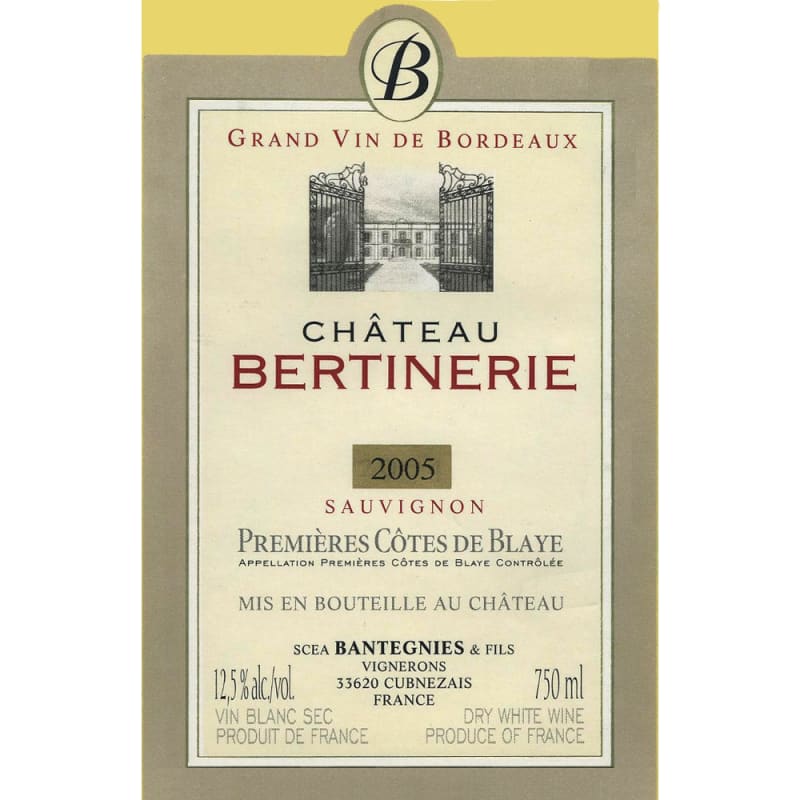 Chateau Bertinerie Premiers Cotes de Blaye Blanc 2005 Front Label