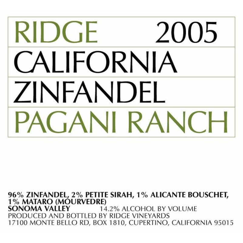 Ridge Pagani Ranch Zinfandel 2005 Front Label