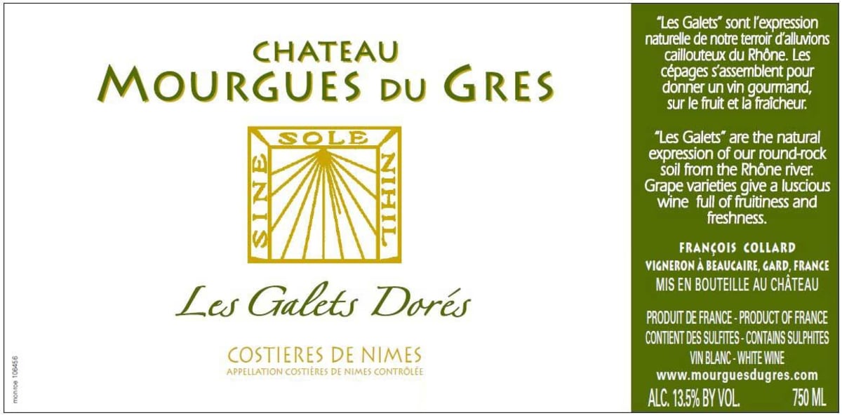 Chateau Mourgues de Gres Collard Les Galets Dores Blanc 2014 Front Label