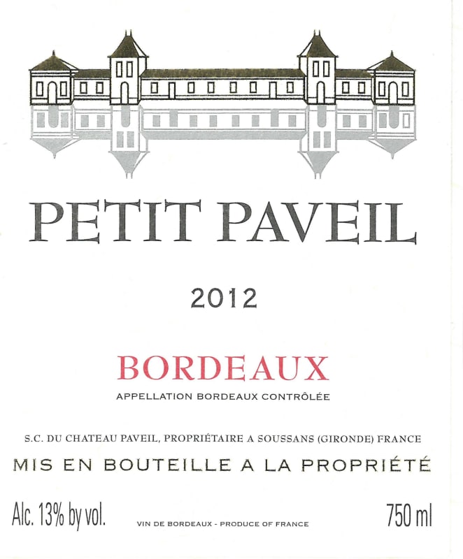 Chateau Paveil de Luze Petit Paveil 2012 Front Label