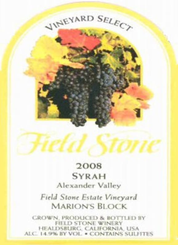 Field Stone Vineyard Select Marion's Block Syrah 2008 Front Label