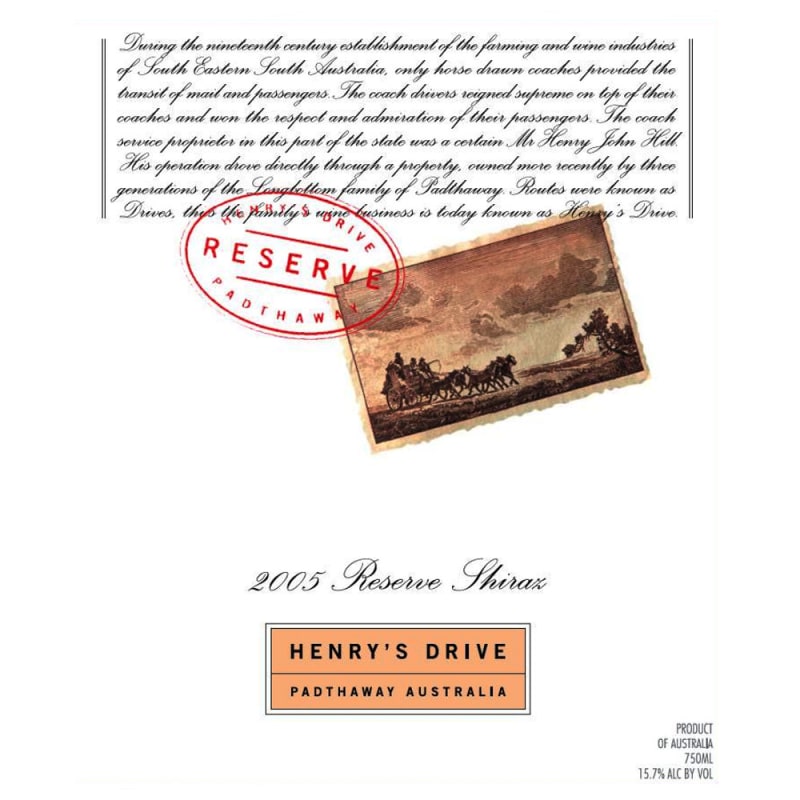 Henry's Drive Reserve Shiraz 2005 Front Label
