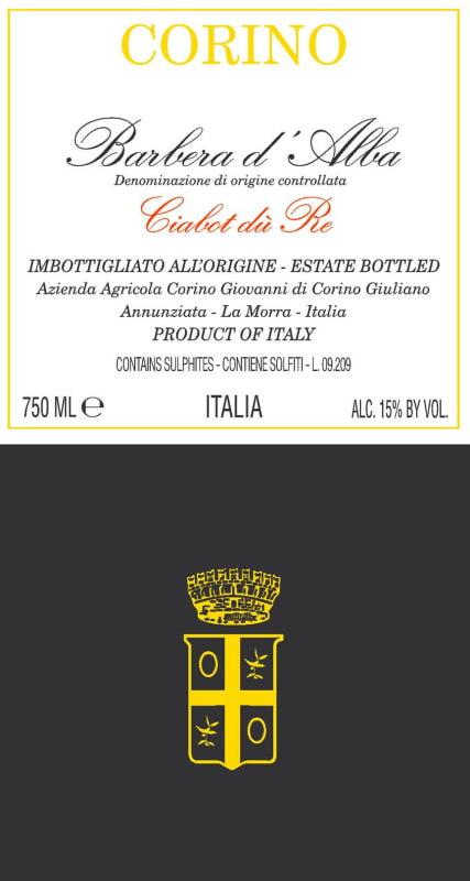 Giovanni Corino Ciabot du Re Barbera d'Alba 2009 Front Label