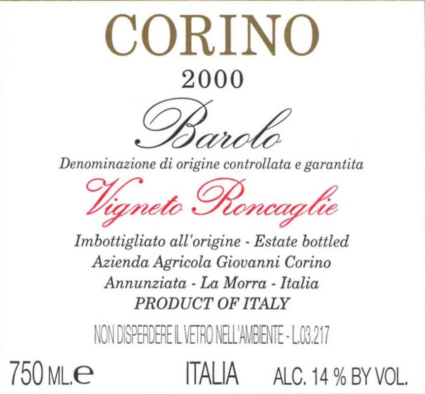 Giovanni Corino Barolo Vigneto Roncaglie 2000 Front Label