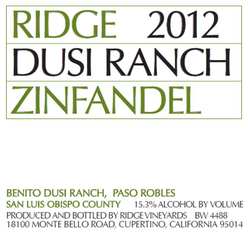 Ridge Dusi Ranch Zinfandel 2012 Front Label