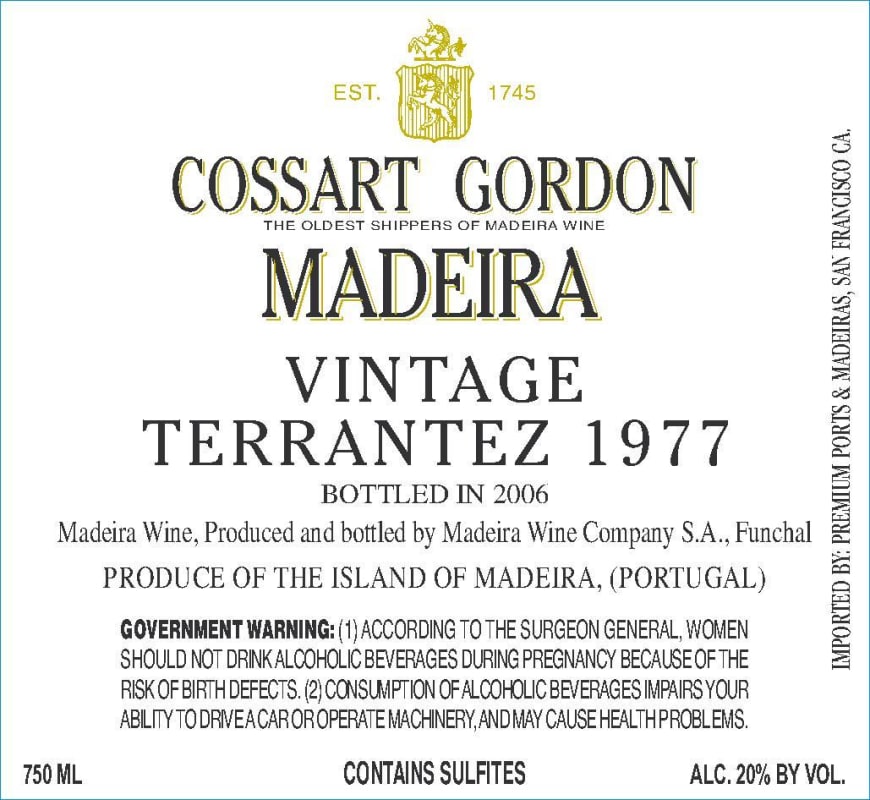 Cossart Gordon Madeira Terrantez 1977 Front Label