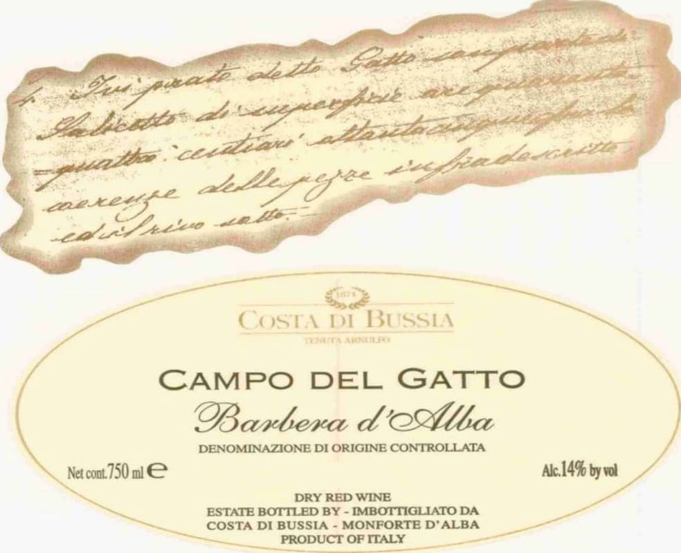 Costa di Bussia Barbera d'Alba Campo del Gatto 2003 Front Label