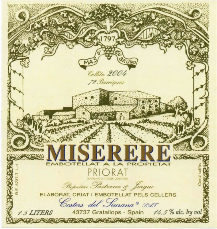 Costers del Siurana Miserere 2004 Front Label