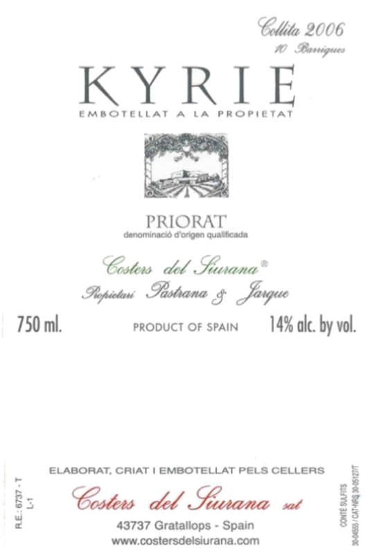 Costers del Siurana Kyrie Blanco 2006 Front Label