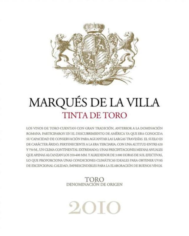 Bodegas Covitoro Marques de la Villa Tinto 2010 Front Label