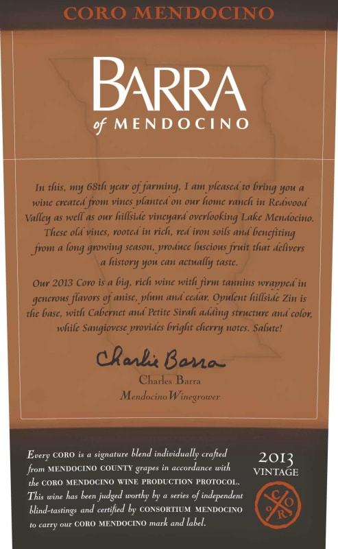Barra of Mendocino Coro Mendocino Red 2013 Front Label