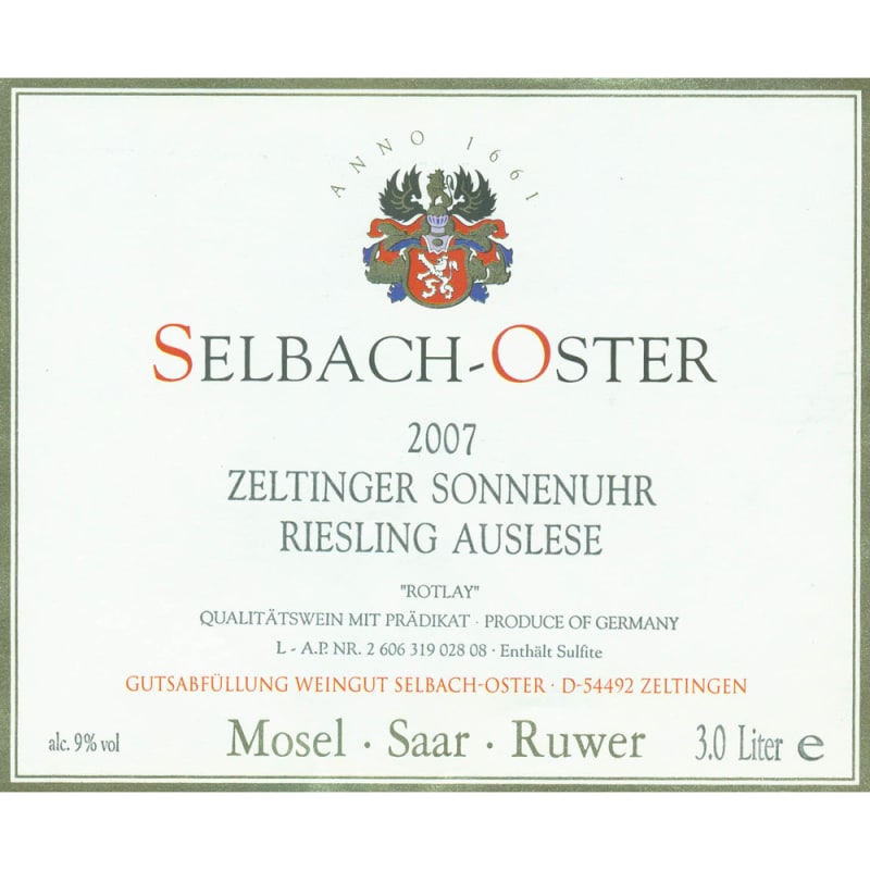 Selbach Oster Zeltinger Sonnenuhr Riesling Auslese Rotlay 2007 Front Label