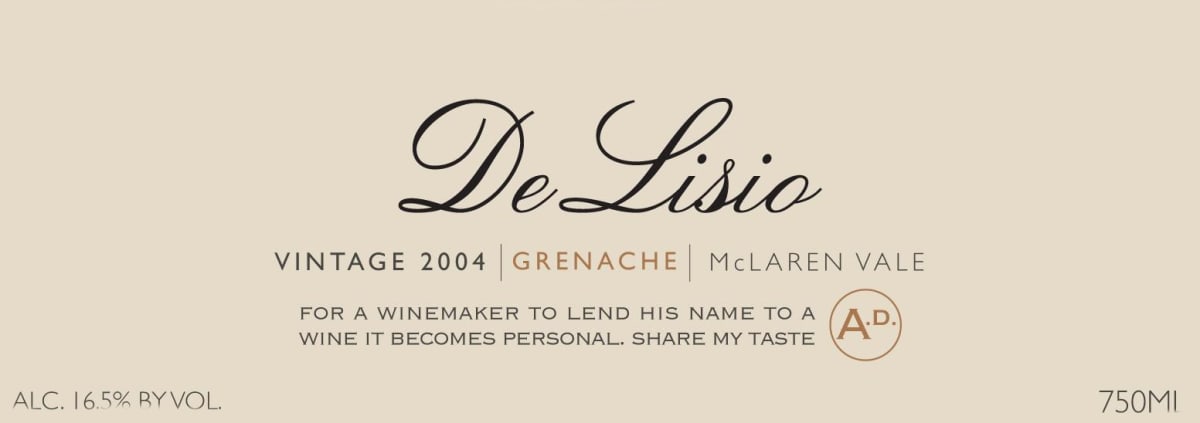 De Lisio Grenache 2004 Front Label