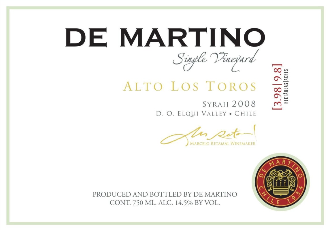 De Martino Alto Los Toros Syrah 2008 Front Label