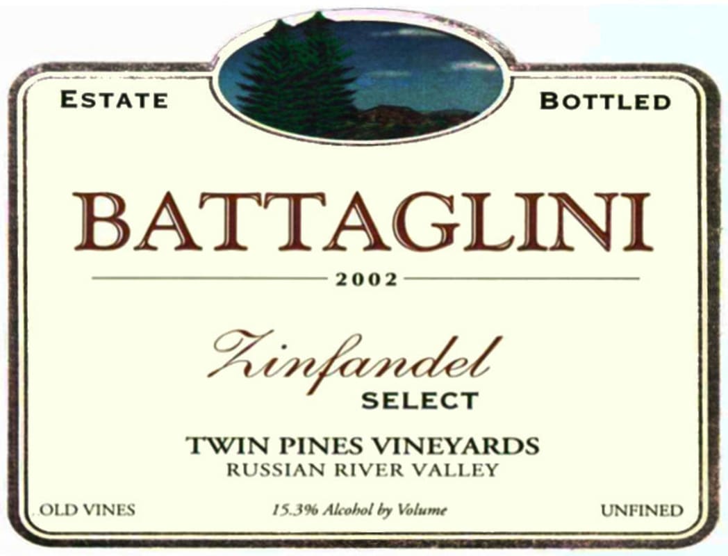Battaglini Estate Winery Twin Pines Vineyards Select Zinfandel 2002 Front Label
