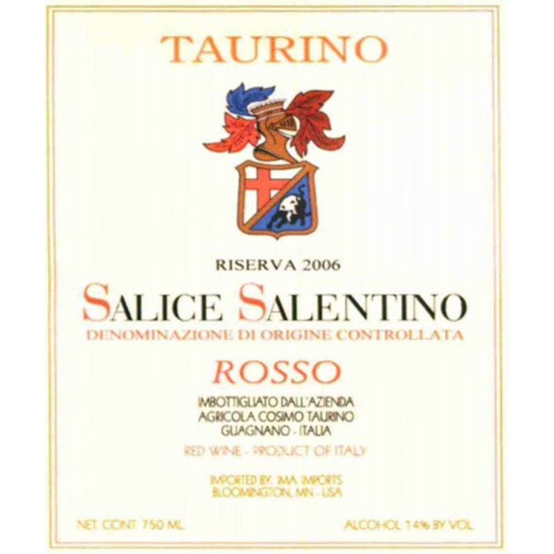 Taurino Salice Salentino Riserva 2006 Front Label
